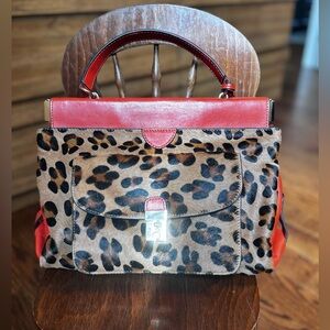 Tory Burch Priscilla Frame Leopard Print Top-Handle Satchel with Red/Orange Trim